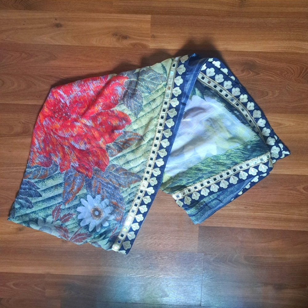 Mirrored Embroidered Folk Floral Art Sheer Oversized boho Scarf Shawl Tapestry